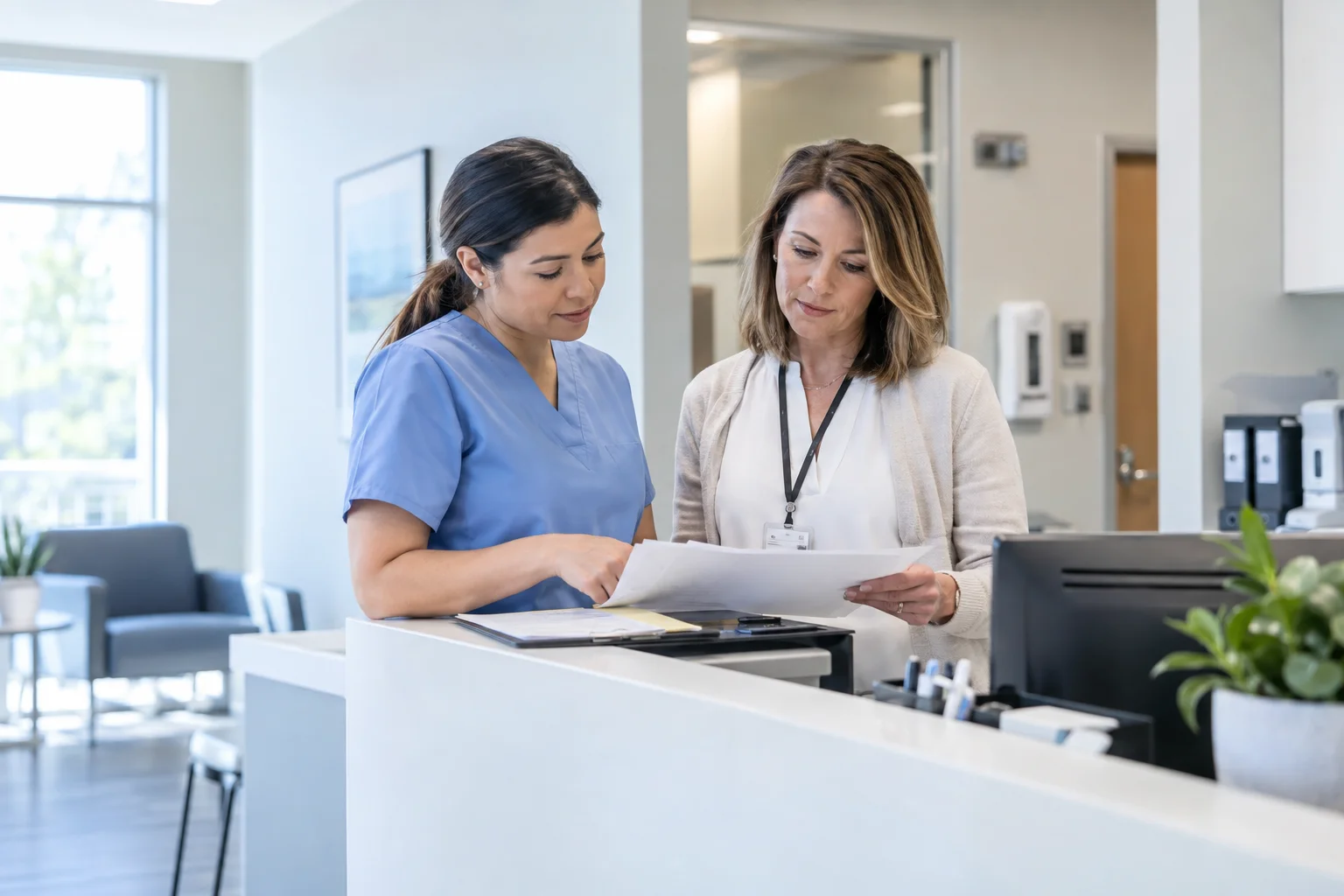 Illustrative healthcare administrators reviewing paperwork